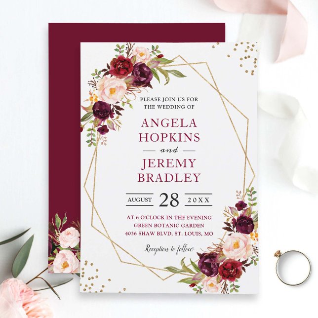 Invitación Rubor Burgundy Floral Moderno Boda de marco dorado (Subido por el creador)