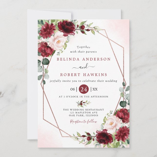 Invitación Rubor Burgundy Floral Moderno Boda de marco dorado (Anverso)