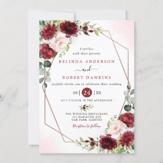 Invitación Rubor Burgundy Floral Moderno Boda de marco dorado