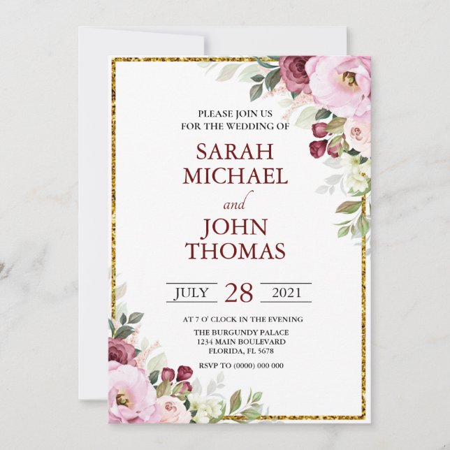 Invitación Rubor Burgundy Floral Moderno Boda de marco dorado (Anverso)