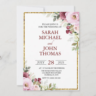 Invitación Rubor Burgundy Floral Moderno Boda de marco dorado