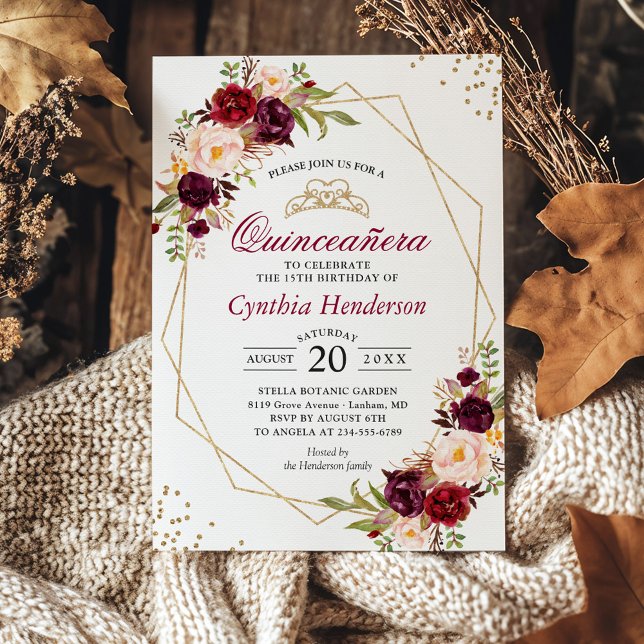 Invitación Rubor Burgundy Floral Quinceañera 15º cumpleaños (Subido por el creador)