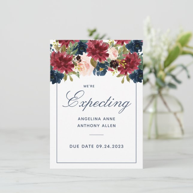 Invitación Rubor Burgundy Floral Rosa Acentos De Oro Esperado (Anverso de pie)