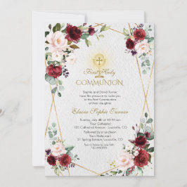 Invitación Rubor Burgundy Flores Oro Primero Santa Comunión