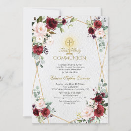 Invitación Rubor Burgundy Flores Oro Primero Santa Comunión