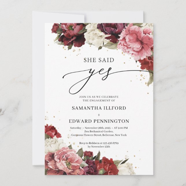 Invitación Rubor burgundy flores peonies Ella dijo Sí (Anverso)