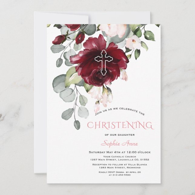 Invitación Rubor Burgundy Flowers Cross Chica Christening (Anverso)