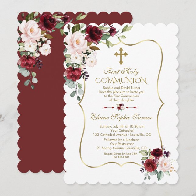 Invitación Rubor Burgundy Flowers First Holy Communia (Anverso / Reverso)