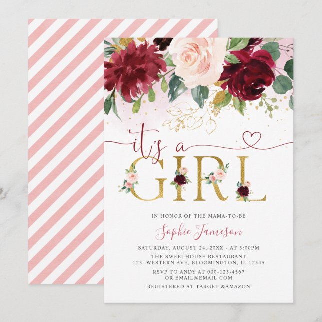 Invitación Rubor Burgundy Gold Floral es un Chica Baby Shower (Anverso / Reverso)