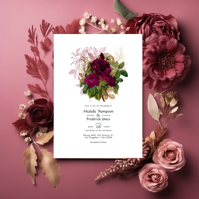 Invitación Rubor Burgundy Gold Shabby Boda floral Código QR (Subido por el creador)