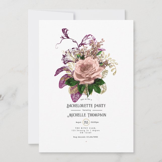 Invitación Rubor Burgundy Gold Shabby Floral Bachelorette (Anverso)
