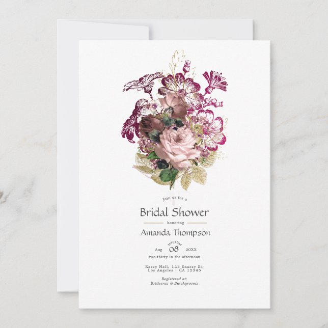 Invitación Rubor Burgundy Gold Shabby Floral Bridal Shower (Anverso)