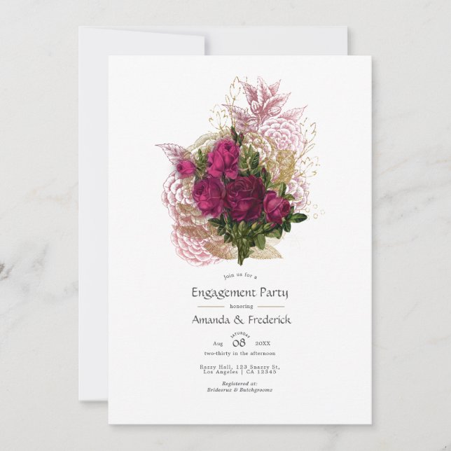 Invitación Rubor Burgundy Gold Shabby Floral Engagement Party (Anverso)