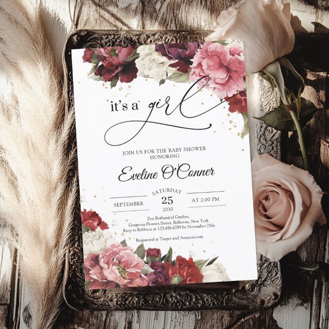 Invitación Rubor burgundy mauve & maroon peonies es un chica (Blush burgundy mauve & maroon peonies its' a girl invitation)