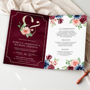 Invitación Rubor Burgundy Naval Floral Marsala Código QR Boda