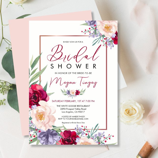 Invitación Rubor Burgundy & Navy Blue Floral Bridal Shower (Subido por el creador)
