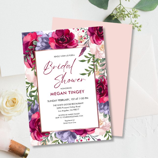 Invitación Rubor Burgundy & Navy Blue Floral Bridal Shower (Subido por el creador)