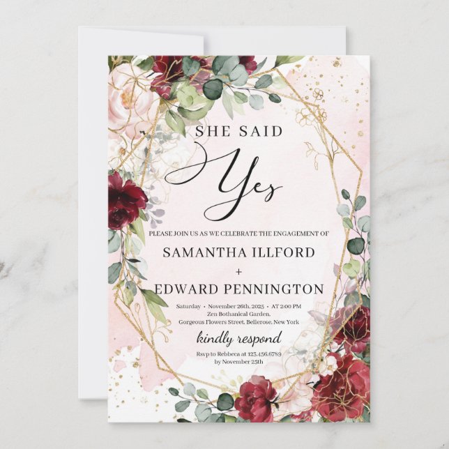 Invitación Rubor burgundy oro floral dijo sí compromiso (Anverso)