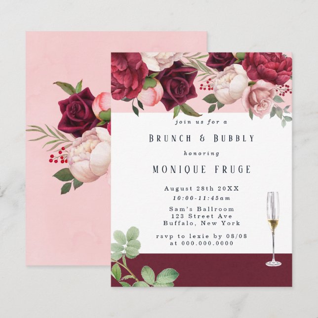 Invitación Rubor Burgundy Peony Moda Brunch & Bubbly invita (Anverso / Reverso)