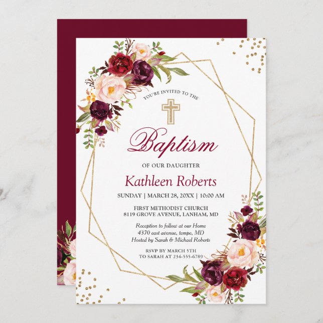 Invitación Rubor Burgundy Red Floral Baptism Christening (Anverso / Reverso)
