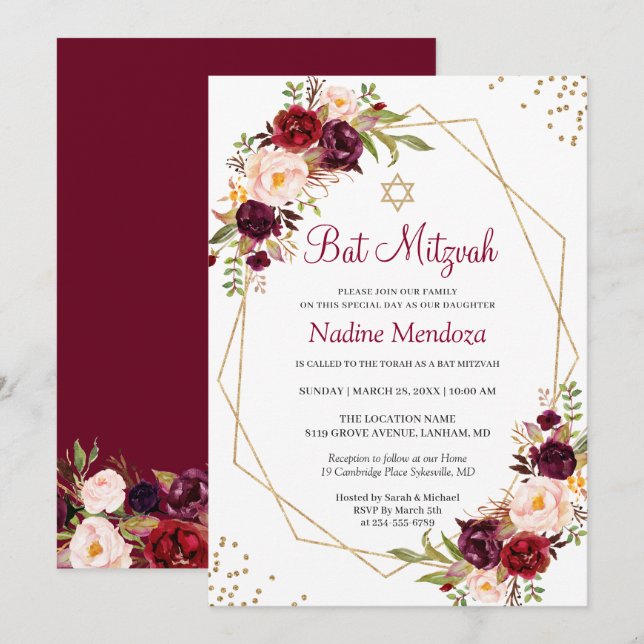 Invitación Rubor Burgundy Red Floral Geométrica Bat Mitzvah (Anverso / Reverso)