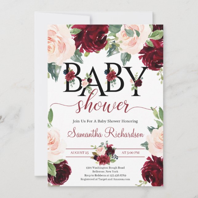 Invitación Rubor Burgundy y el Boho floral rosa Baby Shower (Anverso)