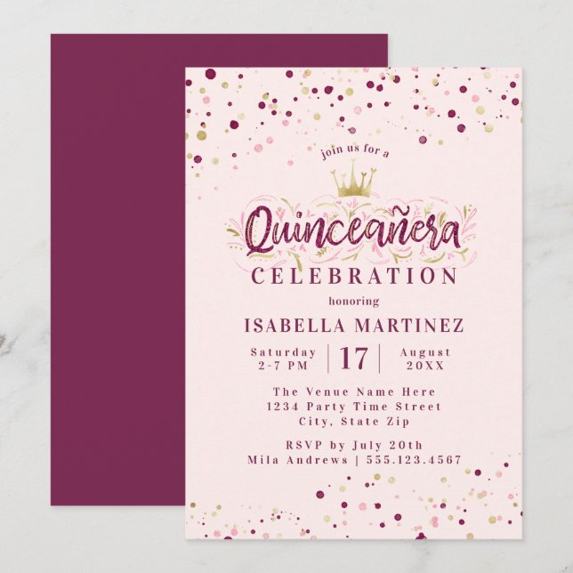 Invitación Rubor Burgundy y el Confetti de oro Quinceañera (Anverso / Reverso)