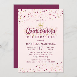 Invitación Rubor Burgundy y el Confetti de oro Quinceañera