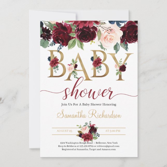 Invitación Rubor Burgundy y la Marina Floral Boho Baby Shower (Anverso)