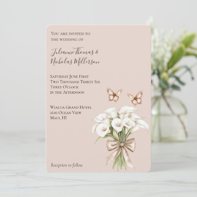 Invitación Rubor Calla Lily Floral Butterflies Bow Boda (Anverso de pie)