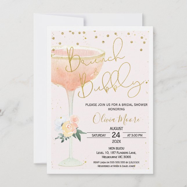 Invitación Rubor Champagne Brunch Bubbly Bridal Shower (Anverso)