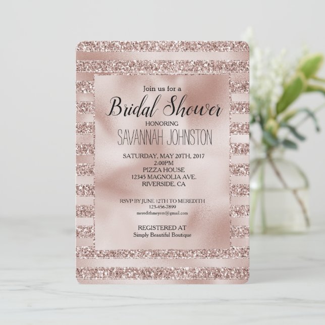 Invitación Rubor Champagne Purpurina Rosa Glam Stripes (Anverso de pie)