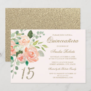 Invitación Rubor con Brillo Dorado Quinceañera Floral Melocot