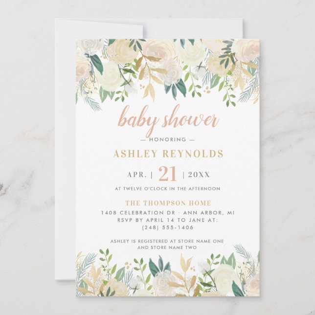 Invitación Rubor Cream Gold Floral Greenery Chica Baby Shower (Anverso)
