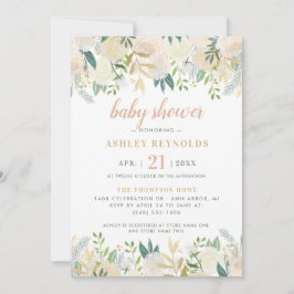 Invitación Rubor Cream Gold Floral Greenery Chica Baby Shower