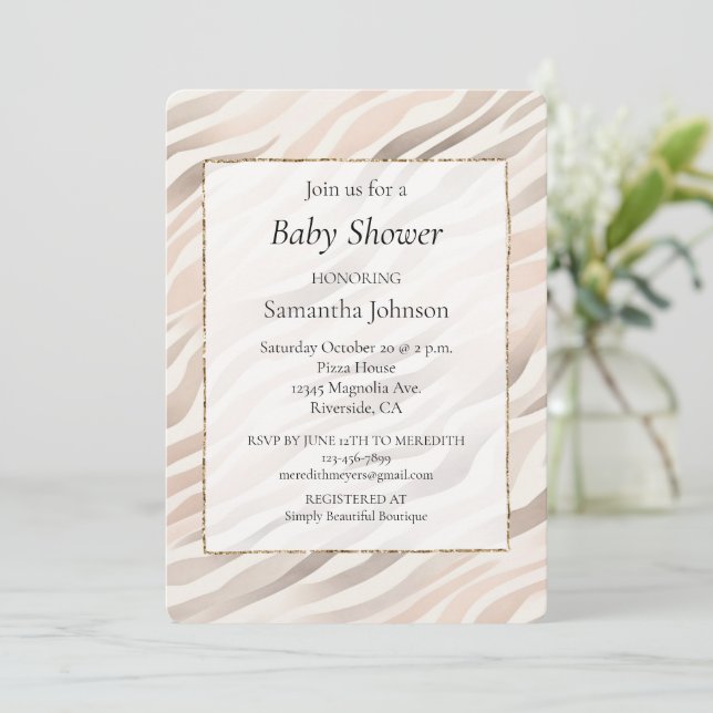 Invitación Rubor Cream Zebra Animal Print Baby Shower (Anverso de pie)