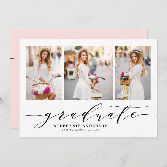 Invitación Rubor Dainty Script Tres Partido de Graduación de  (Anverso / Reverso)