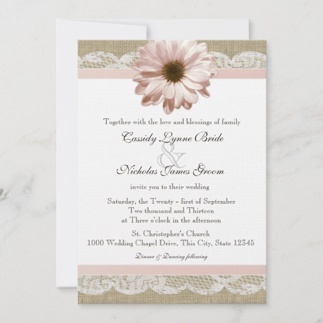 Invitación Rubor Daisy Country Lace y Burlap Boda (Anverso)
