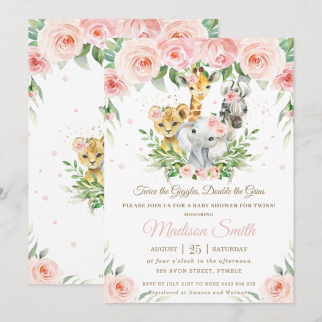 Invitación Rubor de animales selváticos mellizos florales ros (Anverso / Reverso)