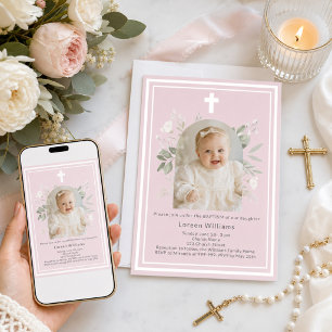 Invitación Rubor de Bautizo Rosa Foto arco de florales blanca
