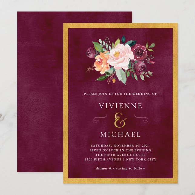 Invitación Rubor de Borgoña | Boda floral y de oro (Anverso / Reverso)