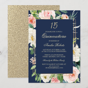 Invitación Rubor de brillo dorado Quinceañera floral azul mar