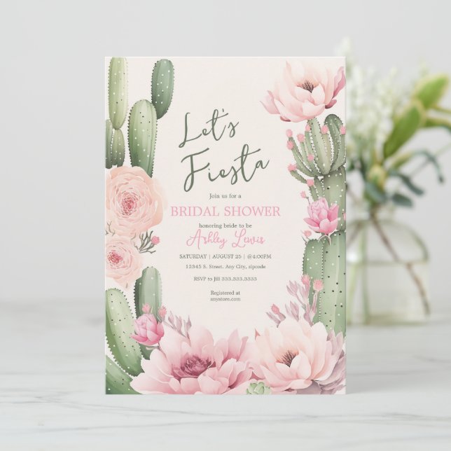 Invitación Rubor de cactus rosa Fiesta boho verdor nupcial (Anverso de pie)