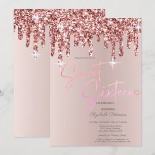 Invitación Rubor de destellos de oro rosa con gotas brillante