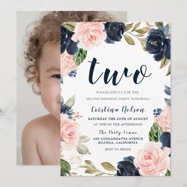 Invitación Rubor de la Marina Flores Segundo Fiesta de cumple (Anverso / Reverso)