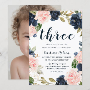 Invitación Rubor de la Marina Flores tercer Fiesta de cumplea