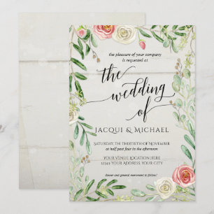 Invitación Rubor de madera rústica y Boda floral de Rosas de 