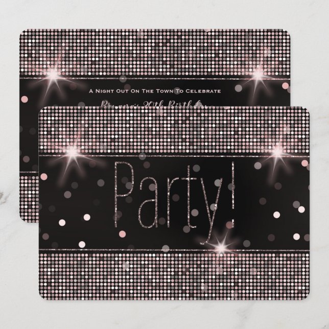 Invitación Rubor de Oro Rosa Luces Brillantes Fiesta (Anverso / Reverso)