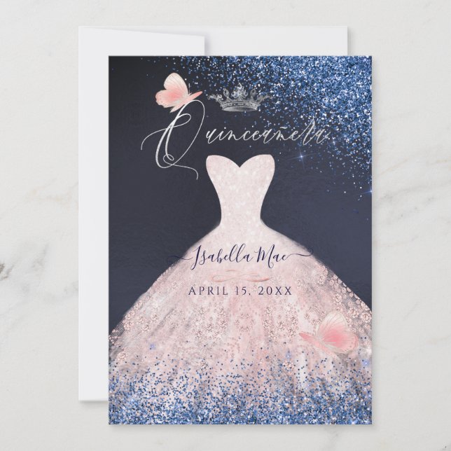 Invitación Rubor de Purpurina de mariposa Quinceanera  (Anverso)