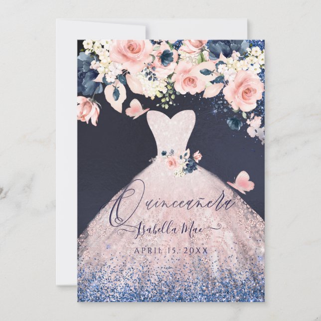 Invitación Rubor de Purpurina floral de Quinceanera (Anverso)